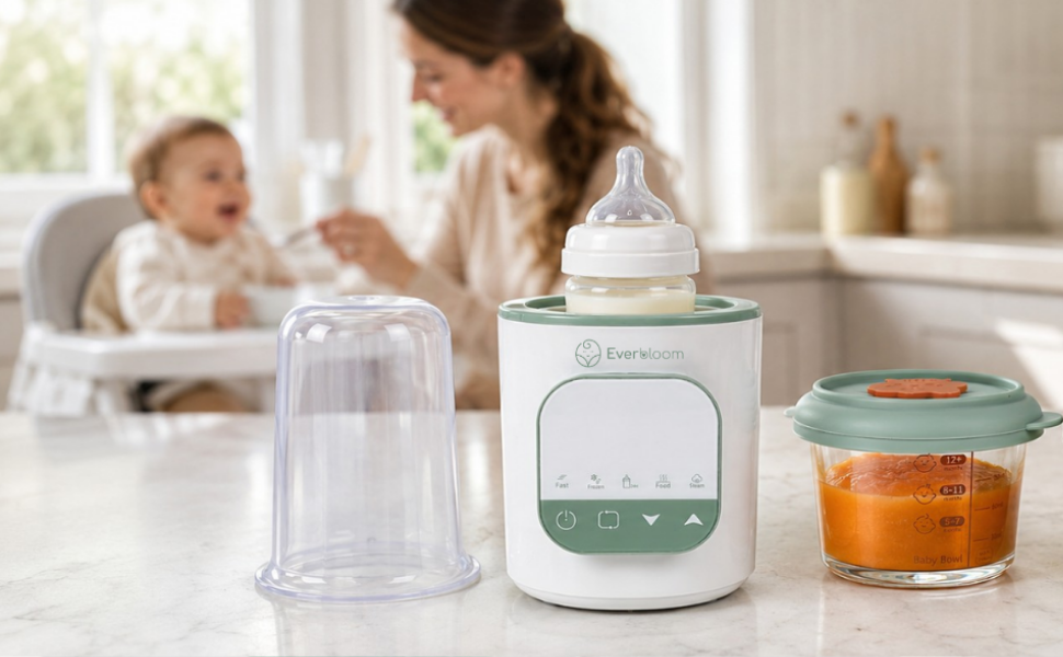 Warm & Grow avec un biberon et un pot de purée dans une cuisine, maman et bébé en arrière-plan