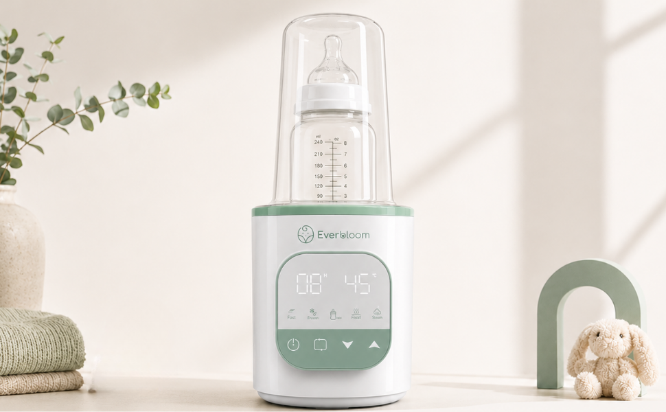 Warm & Grow Everbloom avec biberon sous sa cloche, dans une ambiance douce aux tons sauge
