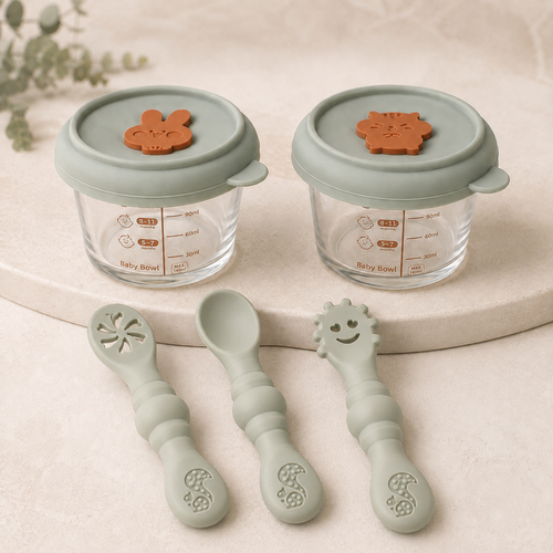 Kit repas bébé Everbloom Taste&Grow – pots en verre et cuillères d’apprentissage