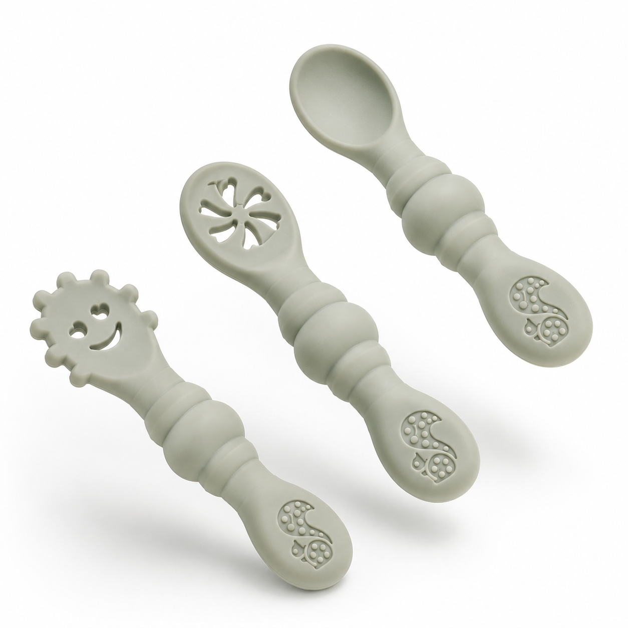 Taste & Grow — trois cuillères d’apprentissage en silicone : fleur, cuillère creuse et tête souriante